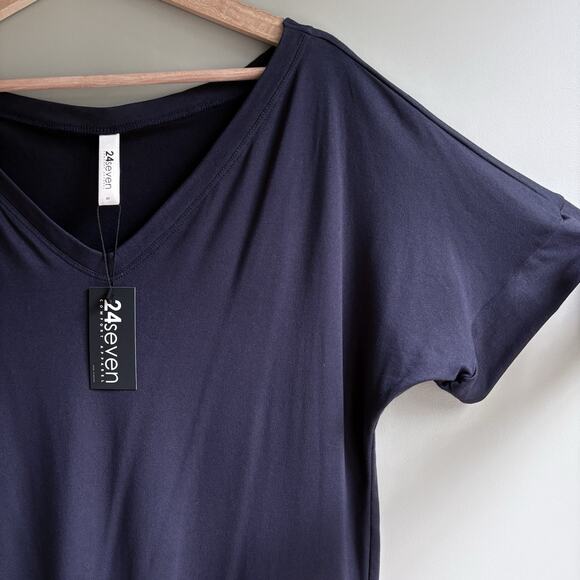 Navy Blue V-neck Jersey T-shirt Dress Short Sleeve Tunic Casual Minimalist S NWT - Picture 4 of 8